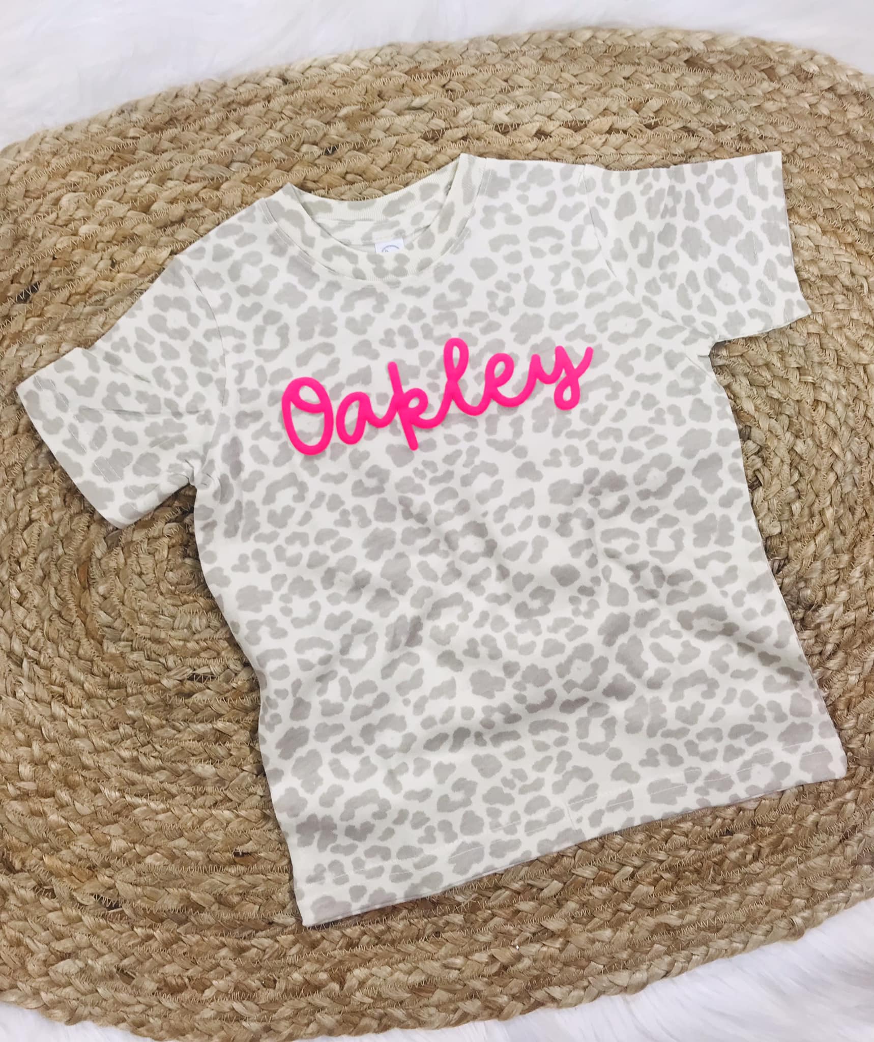 Tan Leopard Neon Pink Puff Name Tee