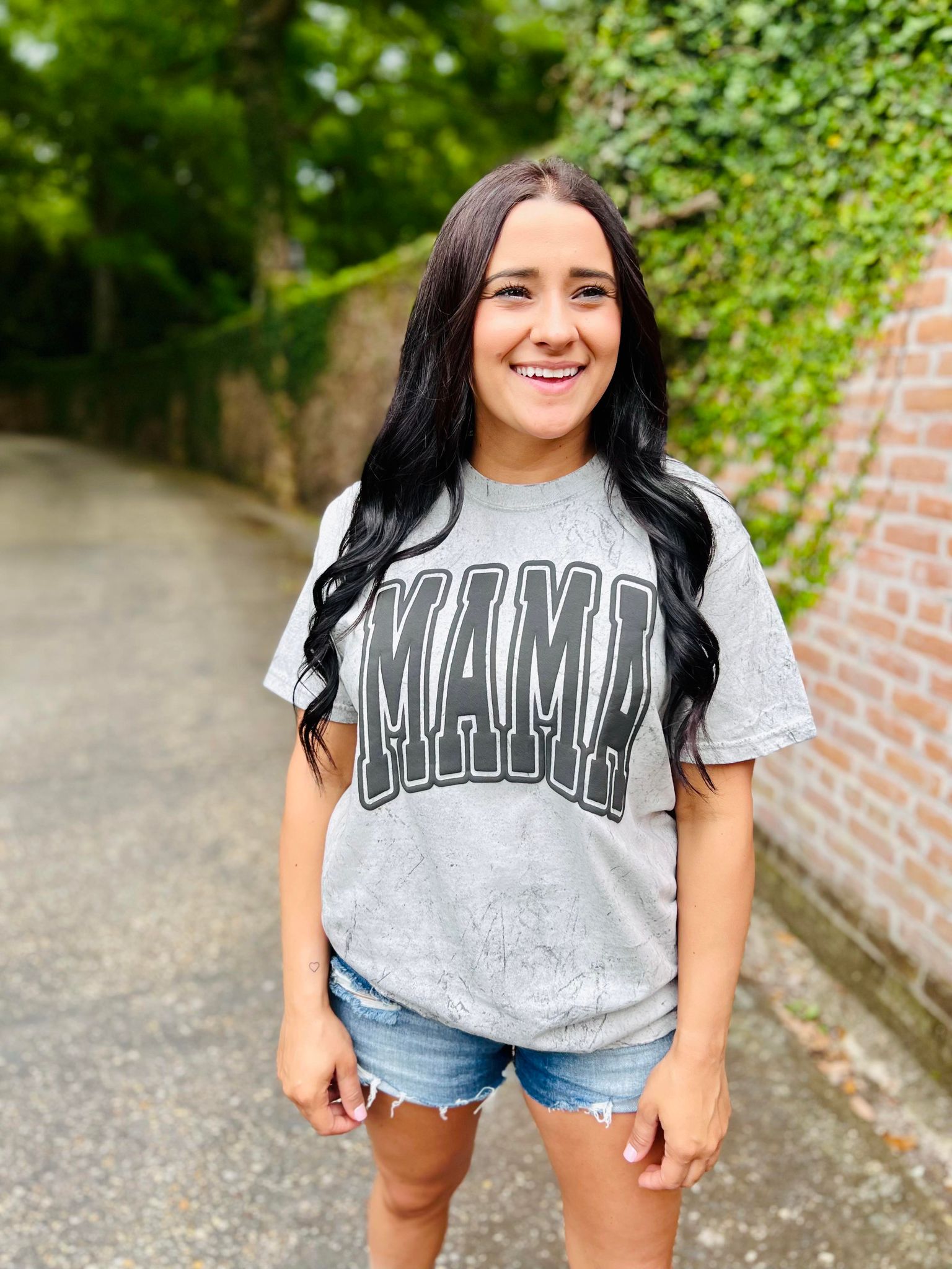 MAMA Grey Mineral Wash Graphic Tee